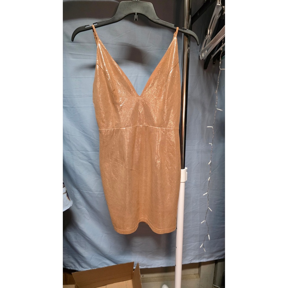 Apeach Rose Gold Metallic Shimmer Mini Dress V-Neck Bodycon Party Size M